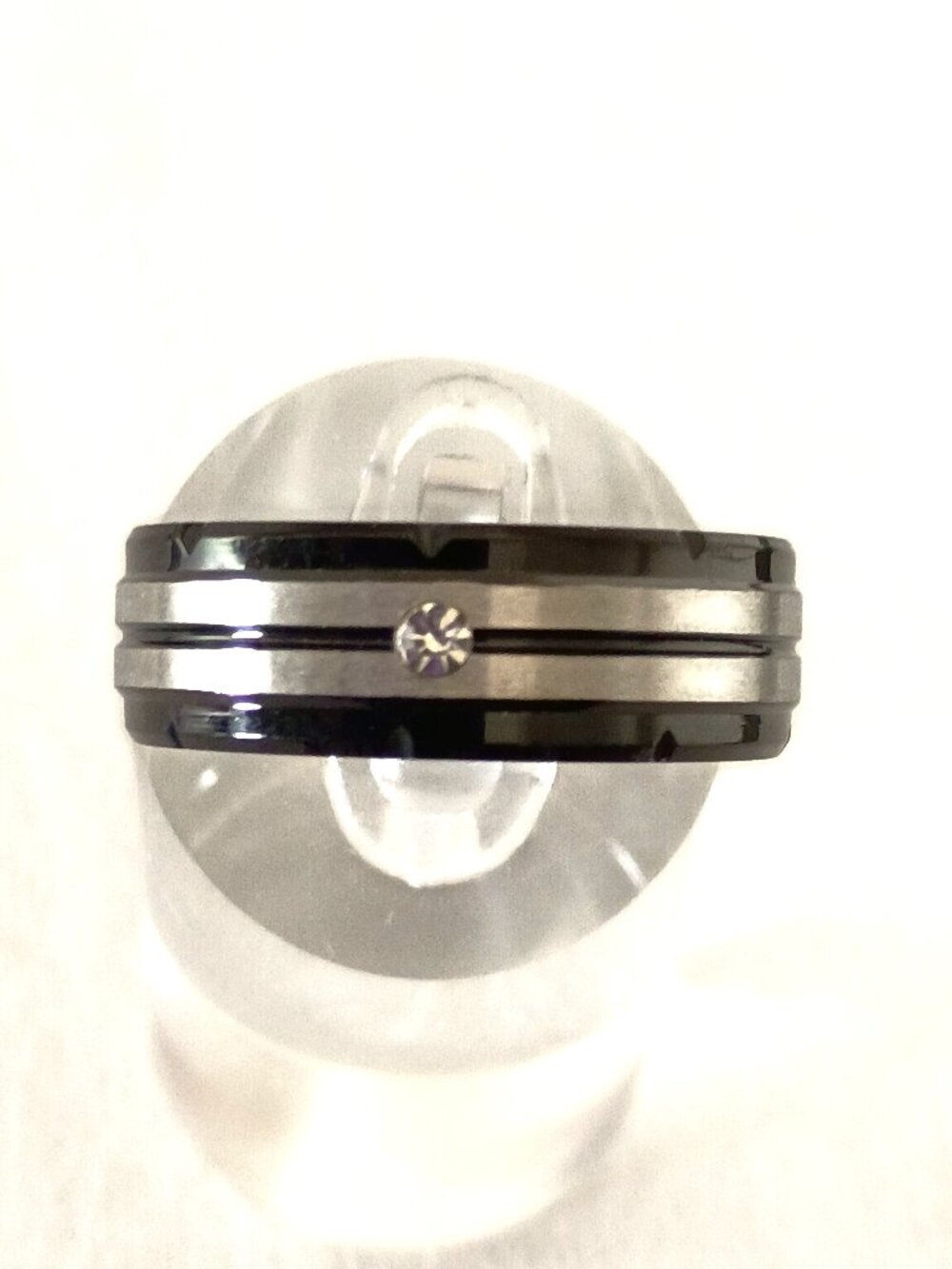 Size 12 Black & Silver Stainless Steel Wedding Band w/Gemstone Accent